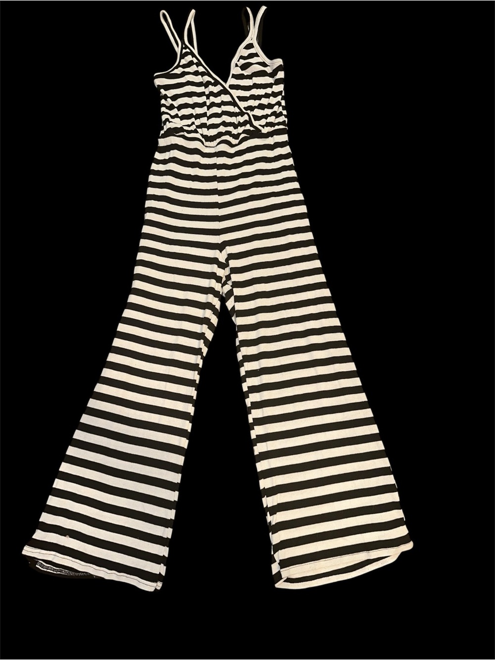 Poof! Comfy Black & White Striped Surplice Tank Pant Romper
